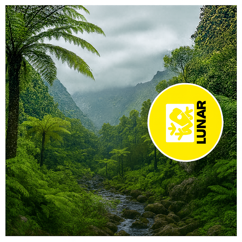 Un paysage tropical dans les montagnes brillant sous un ciel gris. Un torrent de montagne remonte au départ.