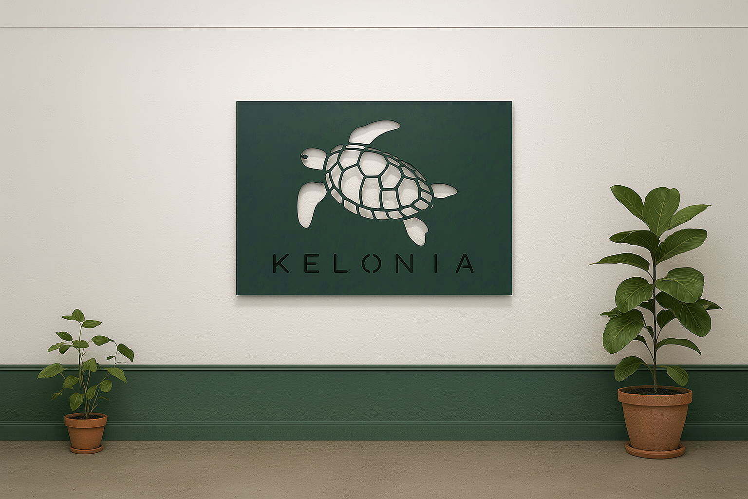 Title: Image of a Green Turtle in a Light Brown Room Description: A wall-mounted green background with a stylized white tu...